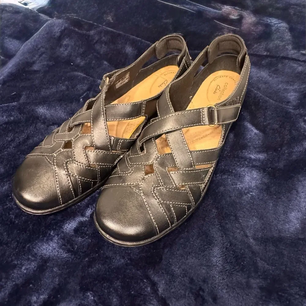 Clarks Black Leather Shoes Low Heel with Adjustable Strap Size 10